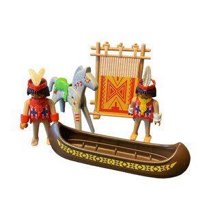 Vintage Lot Playmobil 1974 Geobra Native American Indian Wester Canoe Horse